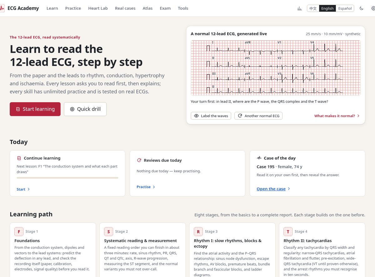 ECG Academy home page with a live-generated normal 12-lead ECG and the learning path