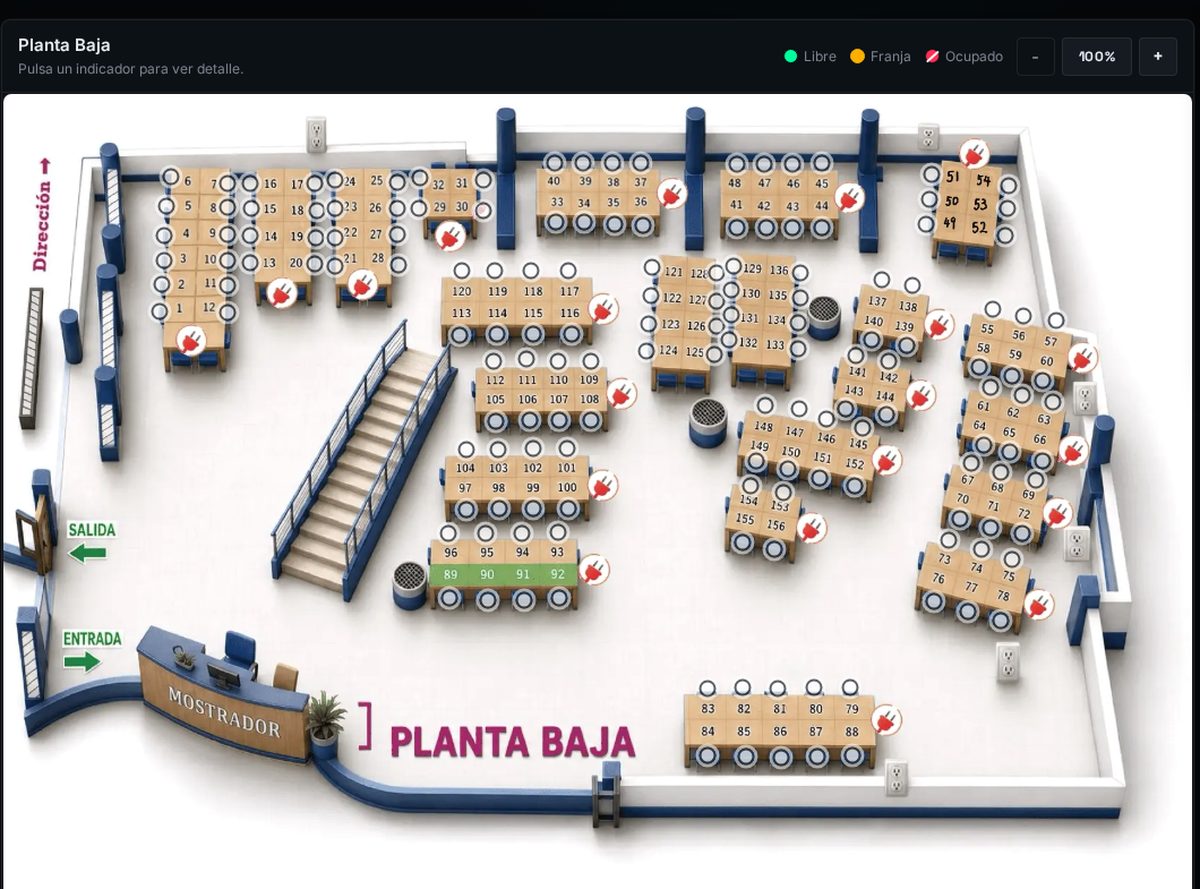 X-map floor plan of the Biblioteca de Ciencias ground floor with numbered seat indicators